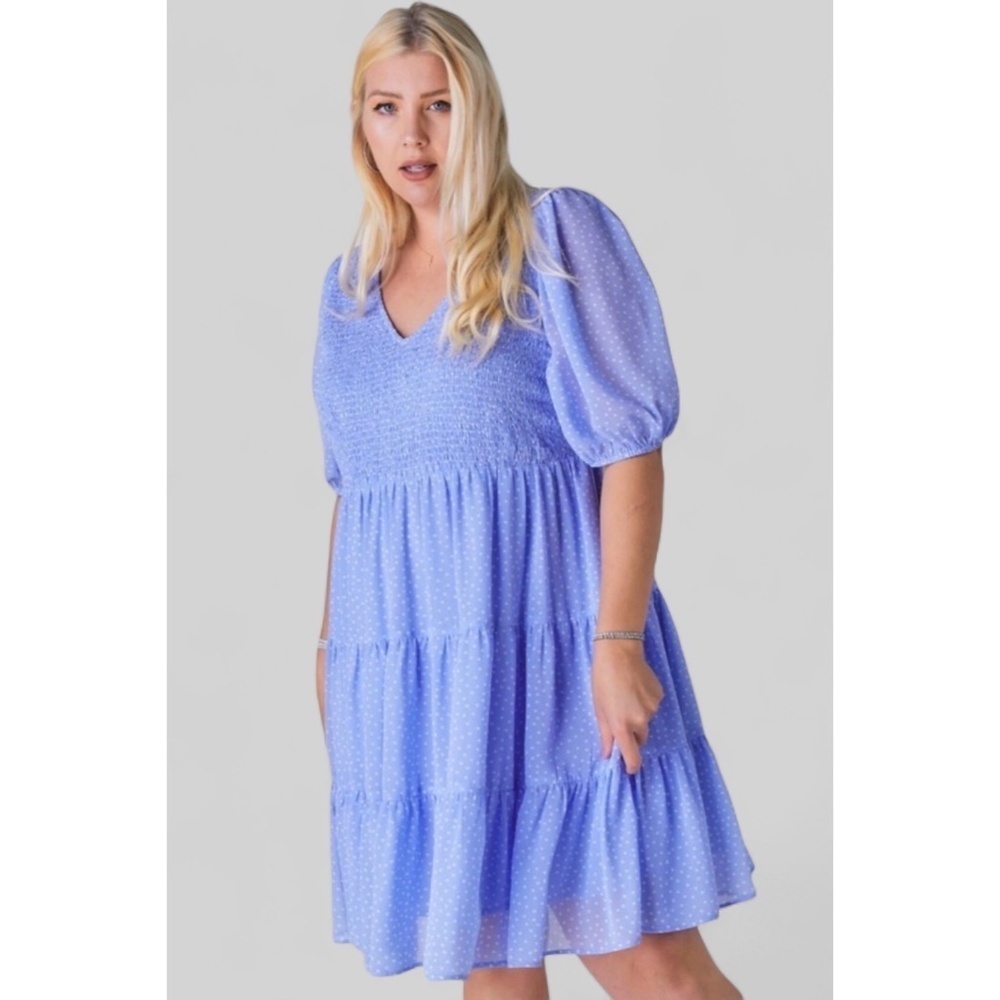 Davi & Dani Blue Polka Dot V Neck Short Sleeve Tiered Midi Dress - Picture 6 of 9